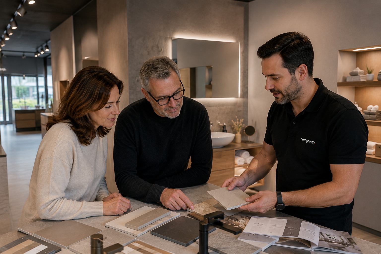 Materialauswahl im Showroom: Ehepaar wählt Platten und Muster mit Reno-Group-Berater
